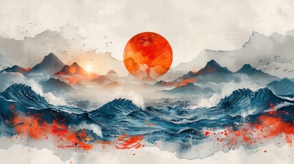 Poster - An abstract arts background with painting brush texture. Japanese wave pattern watercolor stain elements. Poster and card design.