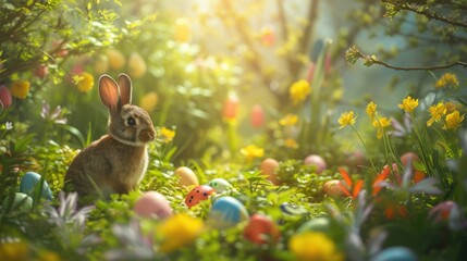 Audubons Cottontail rabbit is hidden in the vegetation next to Easter eggs in its natural environment of grass and flowers AIG42E