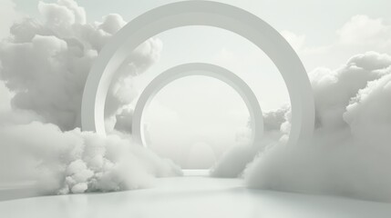 Wall Mural - 3d render, abstract minimal yellow background with white clouds flying out the tunnel