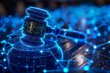 high tech blue Digital gavel surrounded by digital data on blue bokeh background , representing the role of AI in business justice. judge hammer