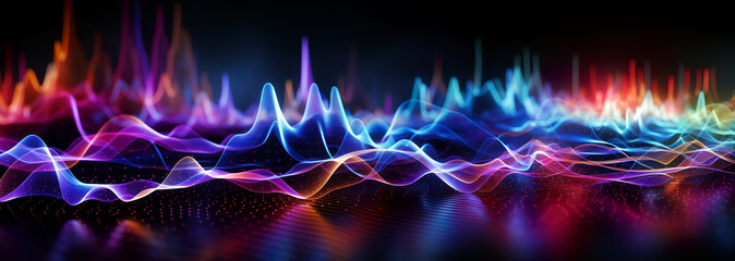 Wall Mural - Vibrant waves of blue and purple light ripple across a dark background, intersected by spikes of red and orange, giving a visual representation of digital audio or signal processing. AI generated.