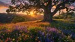 Sunset bathes an ancient tree and a vibrant wildflower meadow in warm light, with rolling hills in the backdrop.