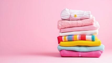 Wall Mural - A stack of colorful folded clothes on a pink background