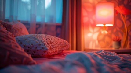 Poster - A bed with pillows and a lamp on it in the dark, AI