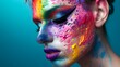 Close-up of a beautiful man face with rainbow colorful glamorous makeup, makeup artist portrait, gay or lgbtq sexual