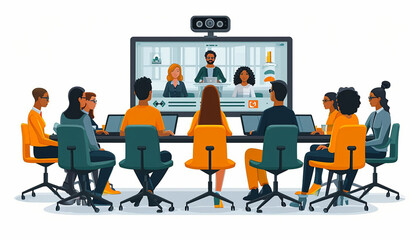 Video conference with people group. Computer screen. Woman in video conference with colleagues. Home work concept. Friends talking on video. illustration in flat style