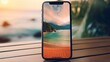 Mobile phone with tropical beach on screen. Travel and vacation concept.