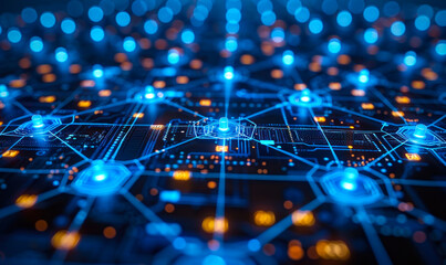 Poster - futuristic network of glowing blue connections, nodes and symbols representing secure health informa