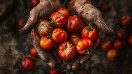 Poster - Harvesting tomatoes with farmers hands.