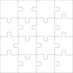 Wall Mural - Puzzles grid template. Jigsaw puzzle pieces, thinking game and jigsaws detail frame design. Business assemble metaphor or puzzles game challenge vector.