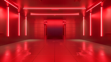 Poster - Red background, a simple and atmospheric room with red neon lights on the wall, a symmetrical composition, an indoor environment, captured with a wideangle lens, soft lighting creates cool tones with 
