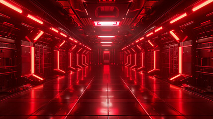 Poster - A long corridor in the style of cyberpunk, red lighting, futuristic, dark background, symmetrical composition, with many hightech storage cabinets on both sides and some lights hanging from above, cre