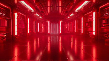 Poster - 3D render of a red sci-fi background, an empty room with reflections on the floor, lights and doors on the sides, a low angle shot, cinematic, volumetric lighting, sharp focus, high resolution.
