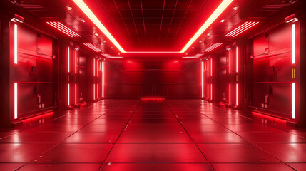 Poster - Red neon lights in a futuristic sci-fi interior of an empty room with large floor-to-ceiling wall cabinets for equipment and machinery, in a low angle view, rendered in a hyper-realistic style.