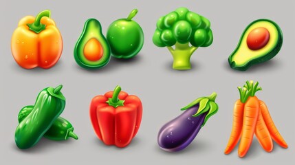 Poster - Three-dimensional modern icon set of vegetables and fruits. Pepper, corn, avocado, eggplant, broccoli, carrots, lettuce, tomato, and cucumber.