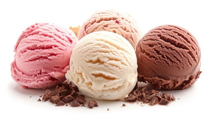 Poster - An ice cream scoop with cone, made of chocolate, strawberry, and vanilla ice cream, is isolated on a white background.