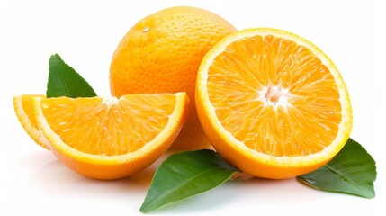 Wall Mural - On white background, a natural Valecia orange fruit is cut in half and leafy green leaves are shown.