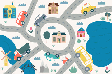 Wall Mural - Cute childrens road map flat style vector background. Flat road map with transport, cars, bus, houses, mountains and trees