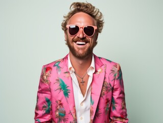 A man in a pink suit with a cross necklace and sunglasses is smiling