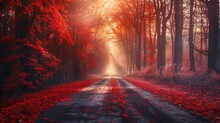 Autumn Road In Sunrise- Red Color Panoramic Forest Landscape