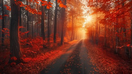 autumn road in sunrise- red color panoramic forest landscape