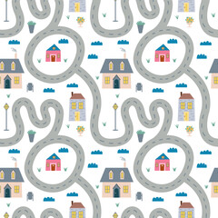 Wall Mural - Cute road map seamless pattern with country houses and clouds. Vector kids road map pattern