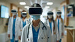 A group of doctors wearing virtual reality headsets in a modern hospital setting for a simulated training session