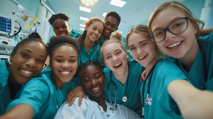 Diverse group of medical professionals taking a selfie.