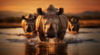 © ADDICTIVE STOCK - Rhinos charging through water at sunset. Generative AI image