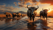 Majestic Herd Of Wildebeest Crossing River At Sunset. Generative AI Image