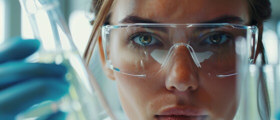 Poster - A beautiful female scientist using a micro pipette in a medical research laboratory. A high-tech scientific lab for medical research, biotechnology, and medical microbiology. Close-up of hands.