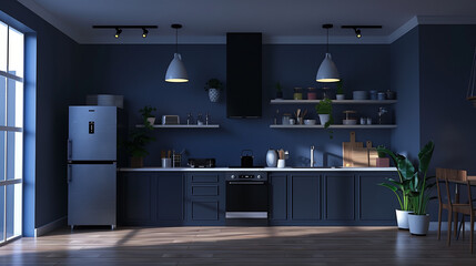 Poster - 3D rendering of a modern kitchen with a refrigerator, sink and oven in a dark blue color. The room is illuminated by natural light from the window. Bright lighting falls on the furniture and decoratio