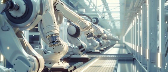 Poster - Automated Robot Arm Assembly Line Manufacturing High-Tech Green Energy Electric Vehicles. Automatic Construction, Building, Welding Industrial Production Conveyor Concept.