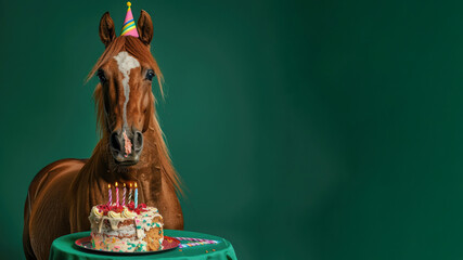 A horse wearing a birthday hat in front of a birthday cake isolated on green background