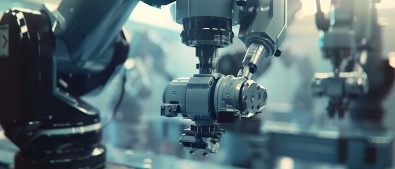 Poster - Robot Arm Moves at Different Directions in Industrial Robot Technology. Mass Production Automatics. Close Up. Robot Arm Moving in Different Directions in Industrial Robot Technology.