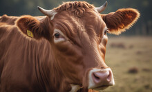 Brown Cow On Single Color Background, Close View, Hyper Detailed