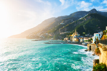 Wall Mural - Amalfi coast, Italy. Beautiful view of Amalfi town with colorful architecture on the rocks.