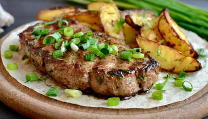 Wall Mural - Juicy grilled meat steak with fried potatoes and green onions. Delicious dish. Tasty restaurant food