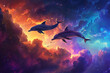 Flying dolphins surrounded by colorful clouds