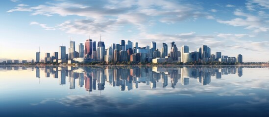 Wall Mural - Blue tone panorama of waterfront city skyline with reflection.