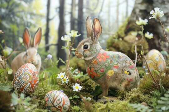 A rabbit, possibly a Mountain Cottontail or Audubons Cottontail, is nestled in the grass among Easter eggs, resembling a scene from a painting AIG42E