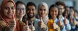 © Visual Horizon Art - Studio team portrait of many happy international multicultural multiracial multiethnic males and females with optimistic approving attitude standing in row showing thumbs up together, Generative AI