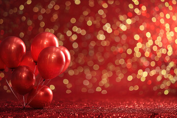 Poster - Celebration. Red balloons on a red background. Golden Confetti, lights and bokeh. Background image. Created with Generative AI technology.