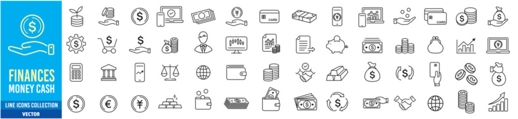 Finance icon set. cash earning money fund loan financial goal saving payments bank, cryptocurrency check wallet profit budget mutual revenue icons. Editable stroke line liner icons collection vector.