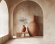 Architectural still life featuring large terracotta vases and a delicate dry plant arrangement.