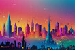 Dive into a vibrant cityscape merging with a whimsical fairytale land in a colorful gradient background.