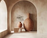 Fototapeta Przestrzenne - Architectural still life featuring large terracotta vases and a delicate dry plant arrangement.
