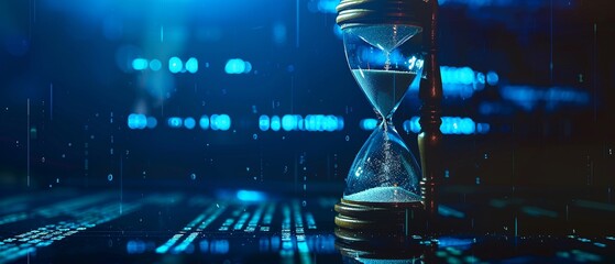 Time concept with hourglass and digital data stream, symbolizing time management in digital age.