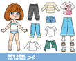 Cartoon brunette girl  with short bob and clothes separately  -  long sleeve, shorts, breeches, jeans and boots