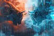 A Artistic depiction of the stock market symbols, a bull and a bear, facing off in a dynamic and futuristic environment.